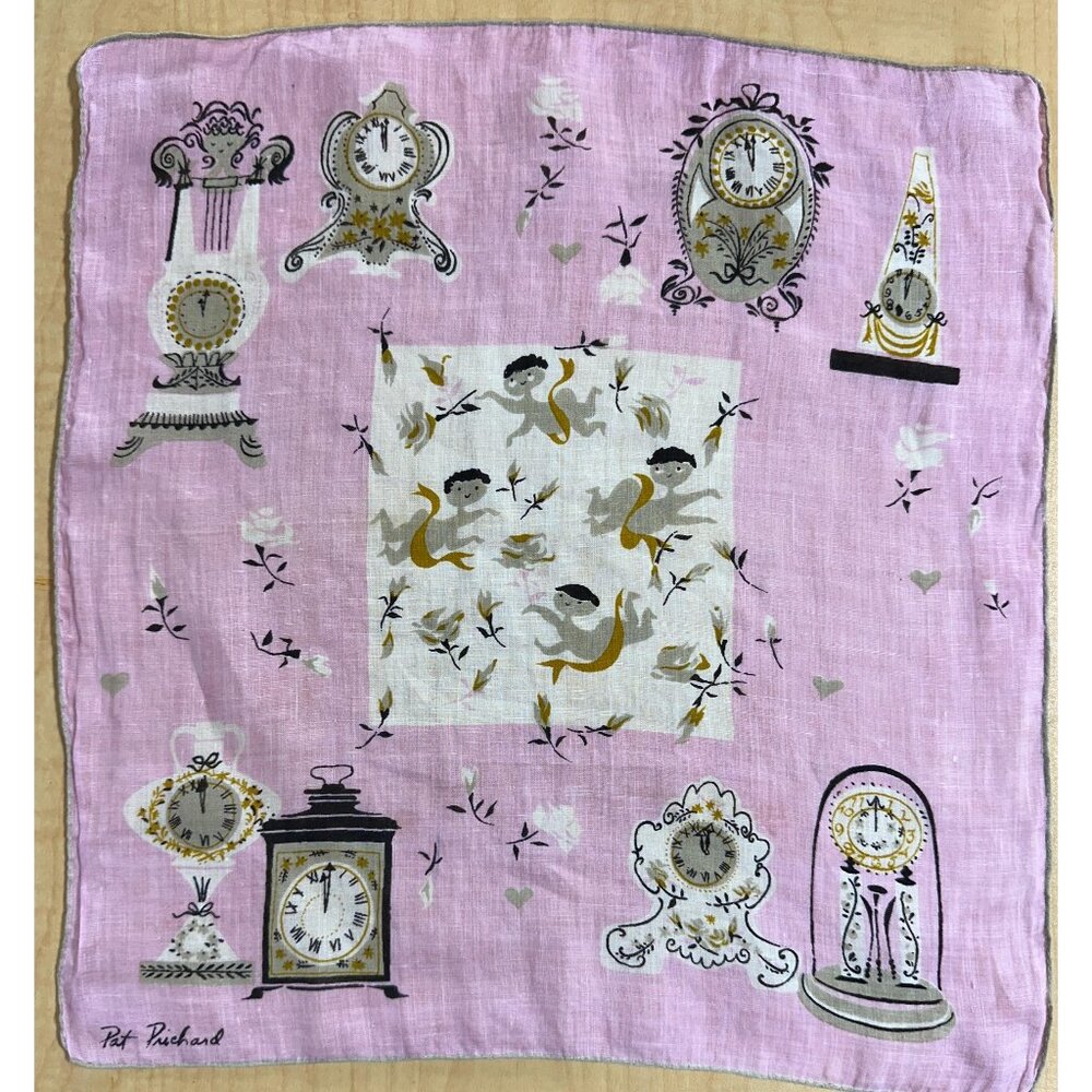 Vintage Handkerchief By Pat Pritchard Clocks Cherubs